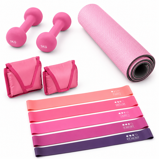 Tapete yoga + Halter 2kg + caneleira 2kg + elasticos de treino