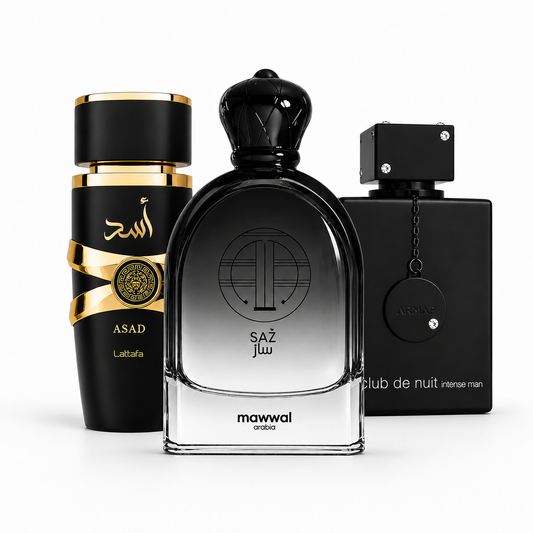 Kit 3 Perfumes Árabes Masculinos Premium – Lattafa Asad, Mawwal Saz e Club de Nuit Intense