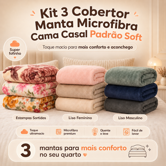 Kit 3 Cobertor Manta Microfibra Cama Casal Padrão Soft Estampada